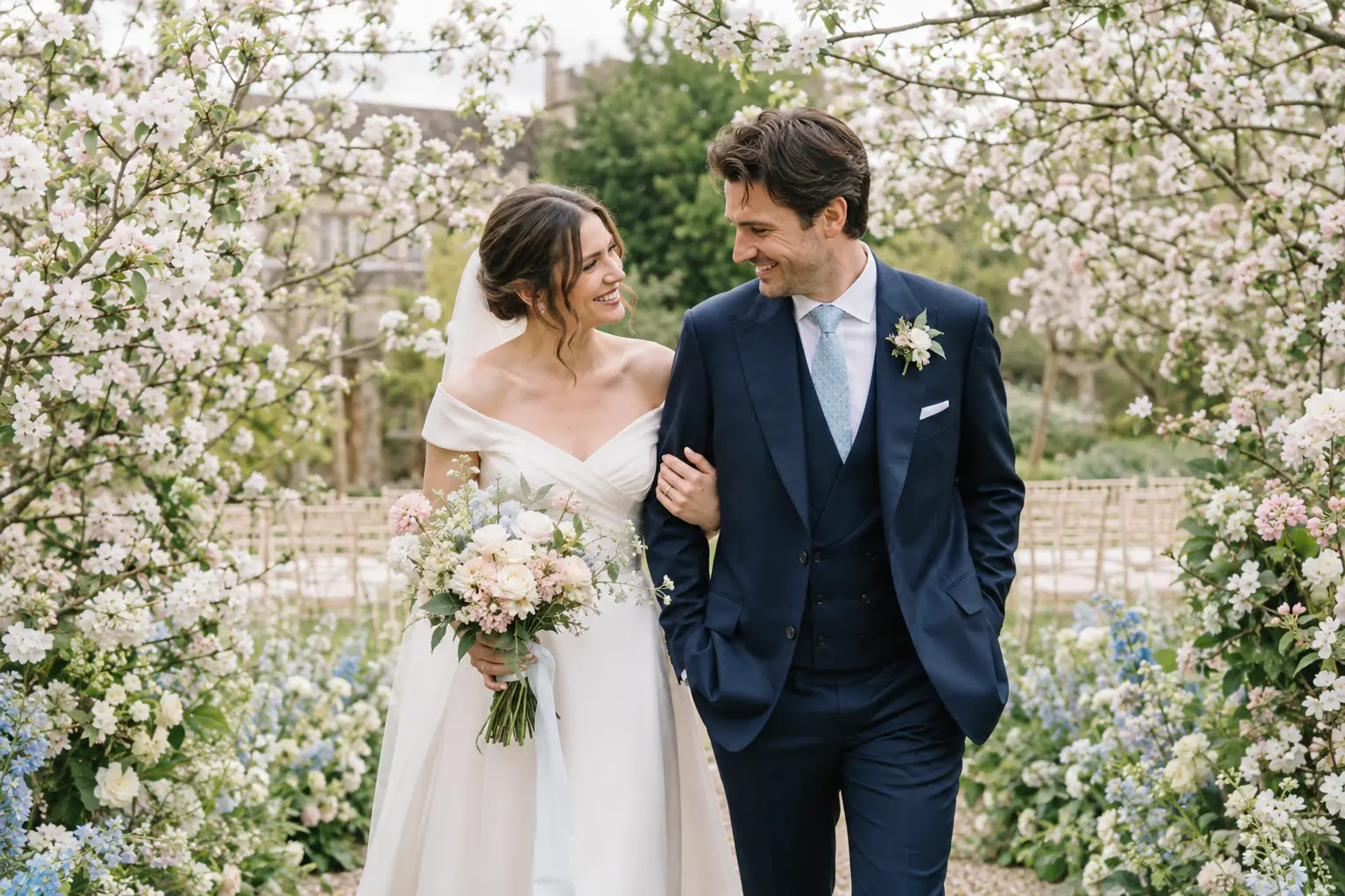 Romantic spring wedding among blossom