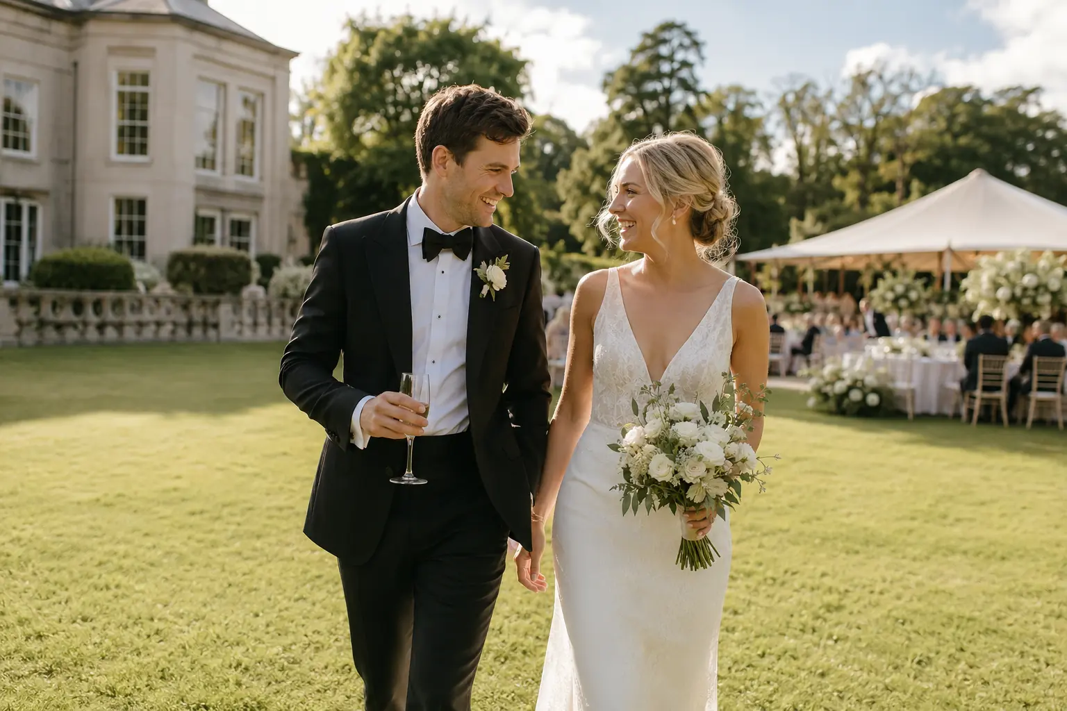 Joyful summer wedding couple outdoors